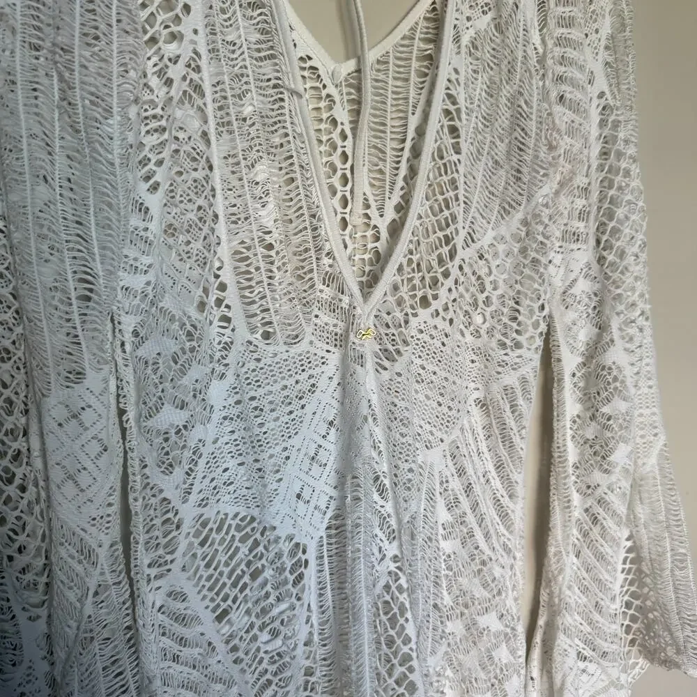 PILYQ PQ Women Swim Coverup Dress M/L Ivory Mini Crochet Whimsical Cottage Fairy - Picture 6 of 10